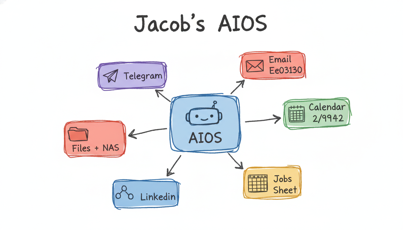 A hand-sketched map of Jacob's whole AI operating system, drawn by an image model