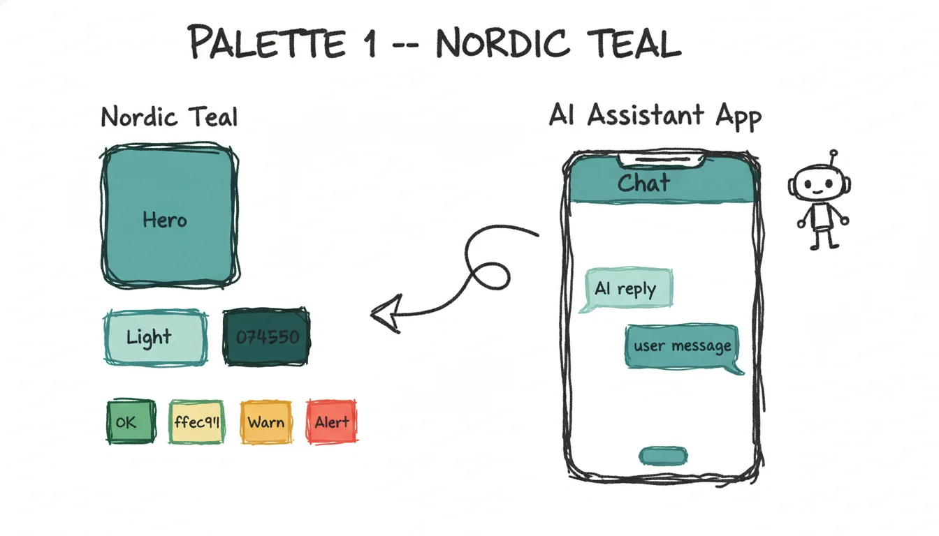 Nordic Teal palette board: hero, light and deep teal swatches plus OK/Warn/Alert chips, and a teal phone chat mockup