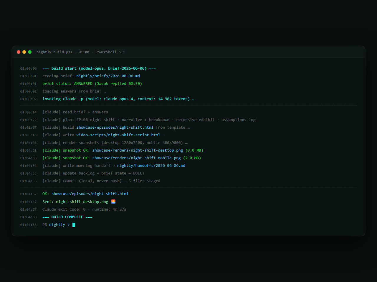 A terminal at 01:00 building an episode page step by step, unattended