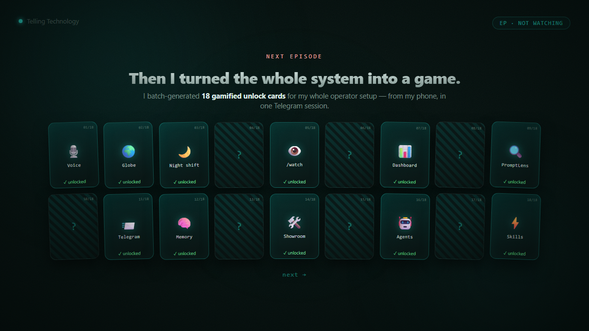 Teaser: a deck of 18 gamified unlock cards for the whole AI-operator setup, dealt out across a dark table