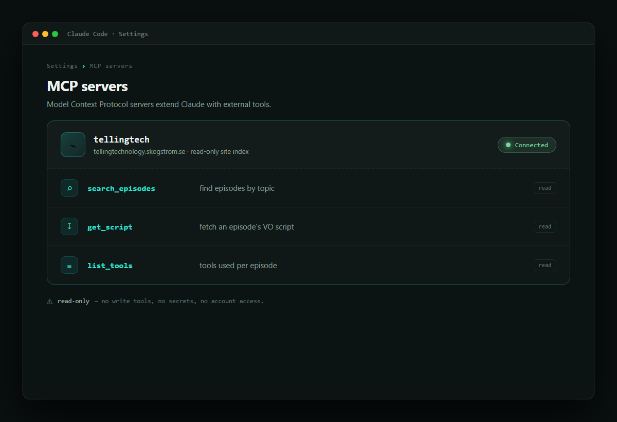 Claude Code MCP settings showing a tellingtech server connected, exposing search_episodes, get_script and list_tools