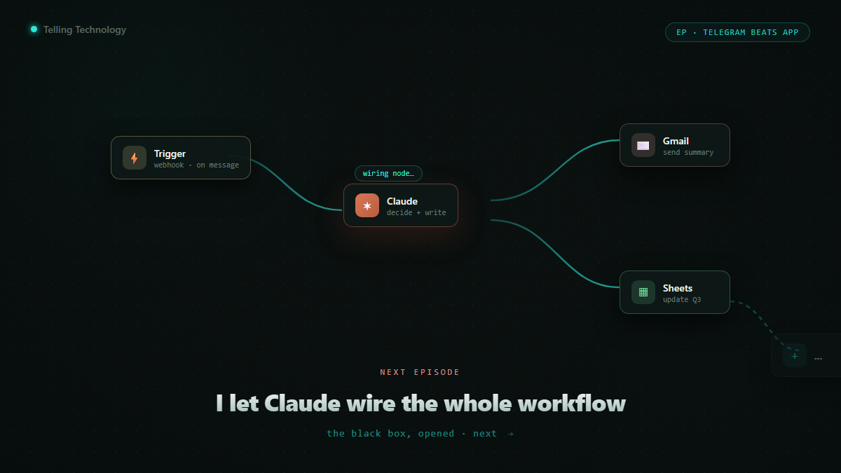 Darkened teaser — an n8n canvas filling with connected nodes as Claude wires a workflow