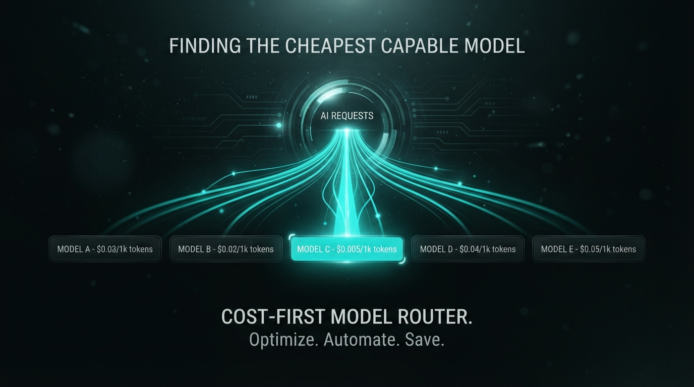 Darkened teaser — AI requests fanning out to a row of model price tags, the cheapest capable one lighting up teal