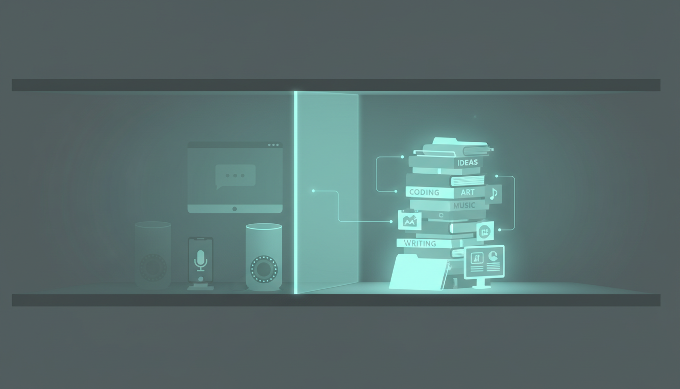 A row of generic voice assistants (a phone, a smart speaker, a desktop chat window) all greyed out and walled off from a stack of the user's real project files, house aurora-teal style