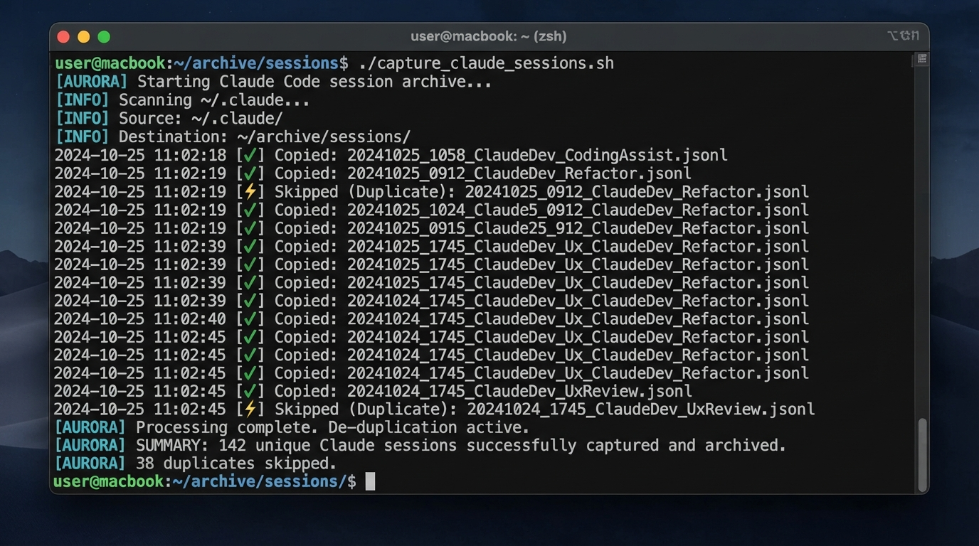 A terminal showing a session-capture script copying dated .jsonl Claude Code transcripts into an archive folder, with a running count of captured sessions, house aurora-teal style
