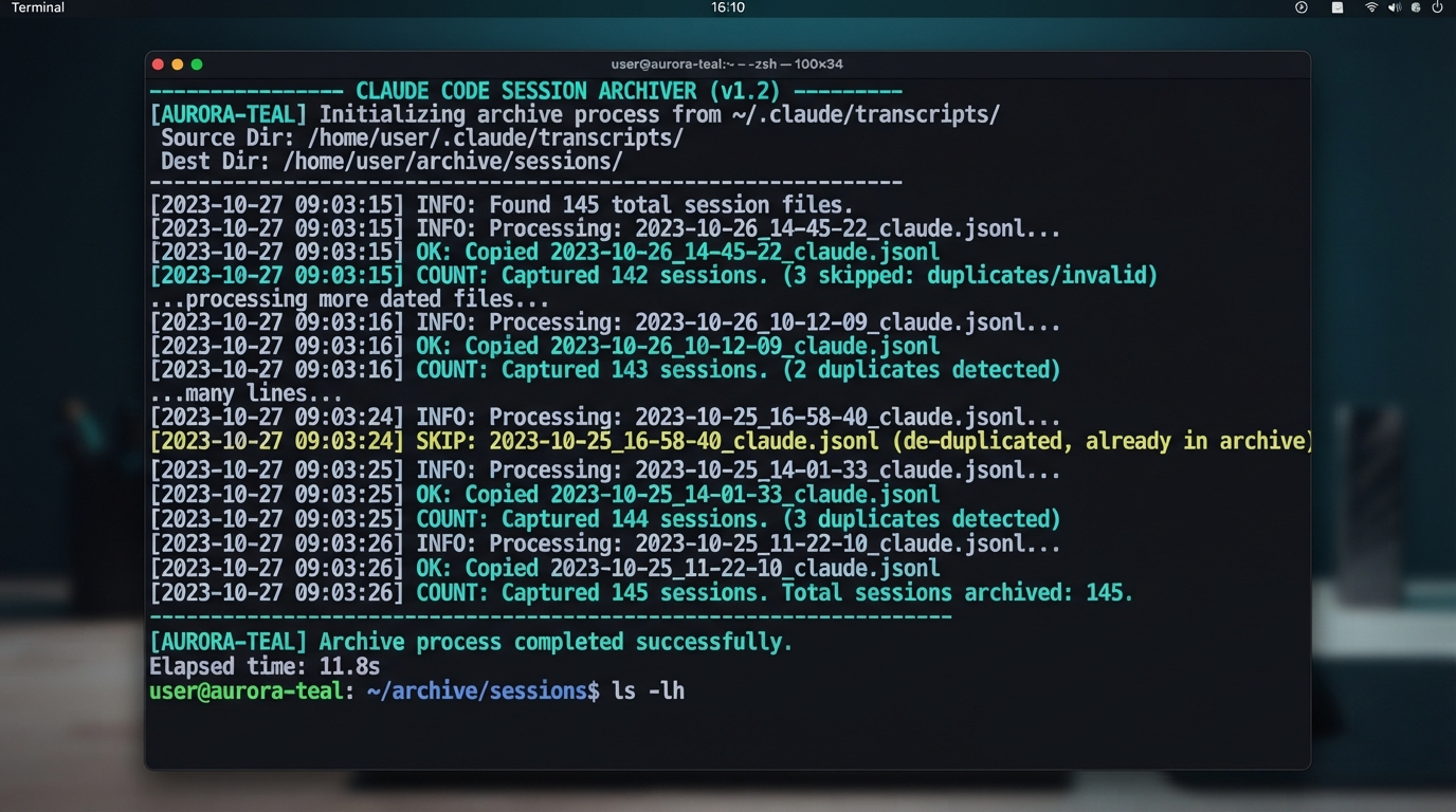Terminal: a capture script copying dated .jsonl Claude Code transcripts into an archive and counting captured sessions