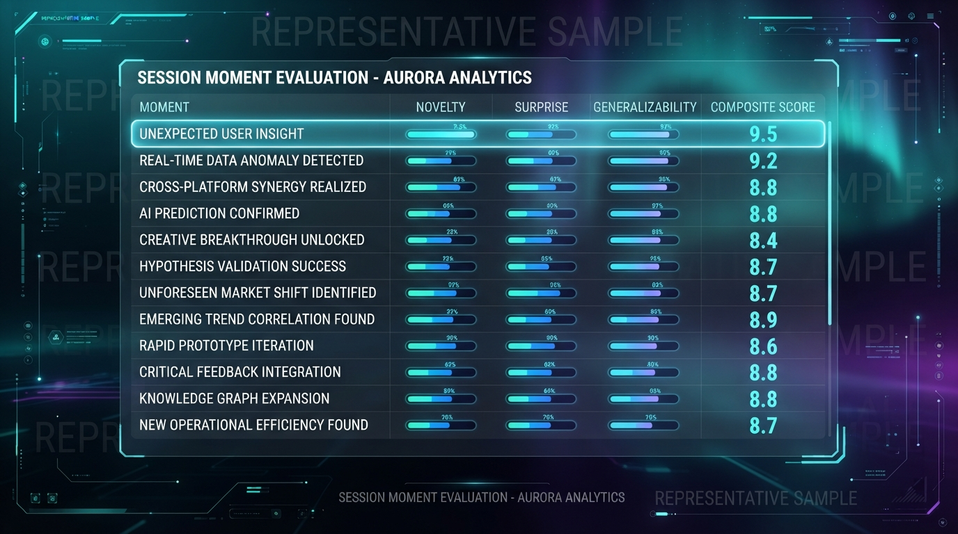 A table of flagged session moments, each scored on novelty, surprise and generalizability, with one highlighted top candidate and a small 'representative sample' label, house aurora-teal style