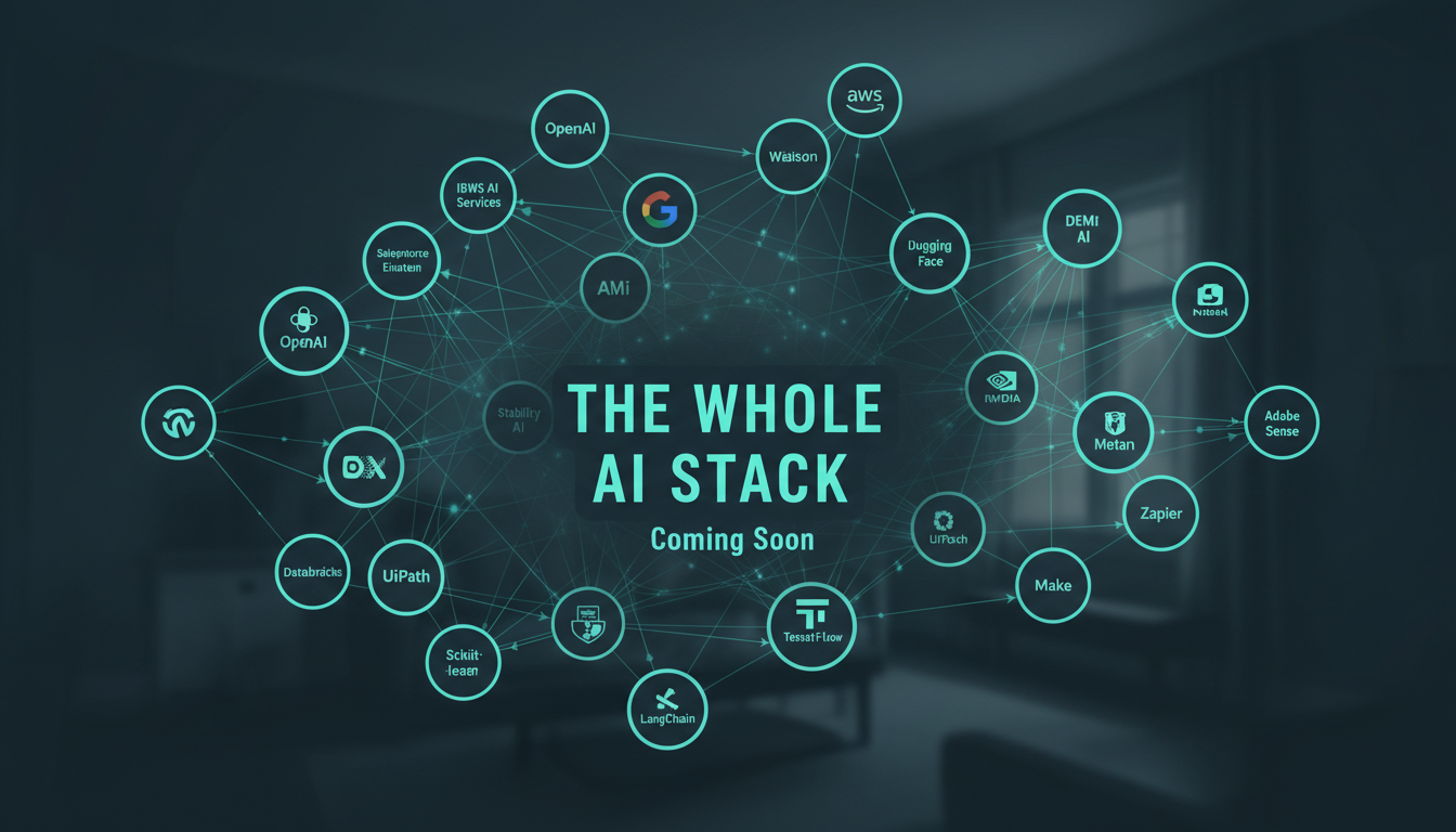 Darkened teaser — a sprawling node-and-logo map of an entire AI operating system, 20-plus tools wired together as one infographic, house aurora-teal style