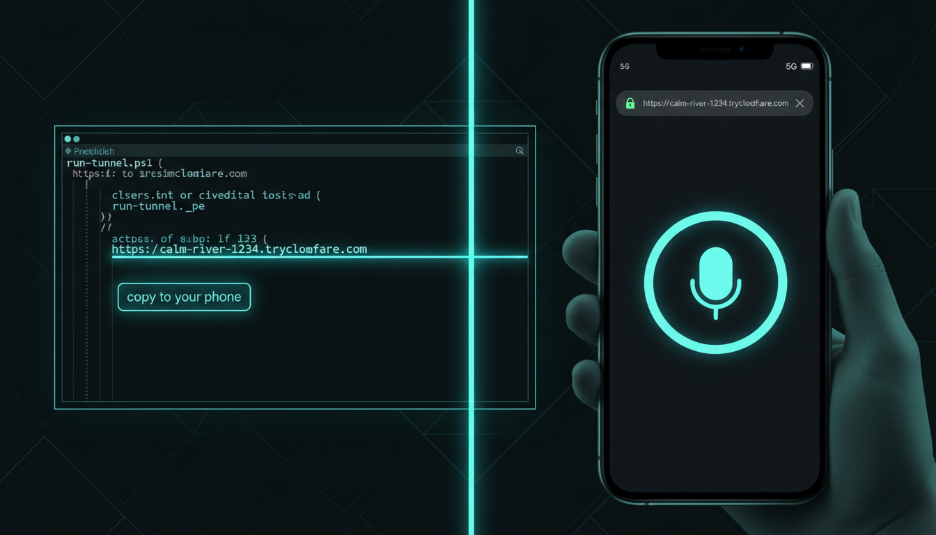 A terminal running run-tunnel.ps1 printing a live https://something.trycloudflare.com URL, next to a phone on cellular loading the voice-AI mic UI over that same URL, house aurora-teal style