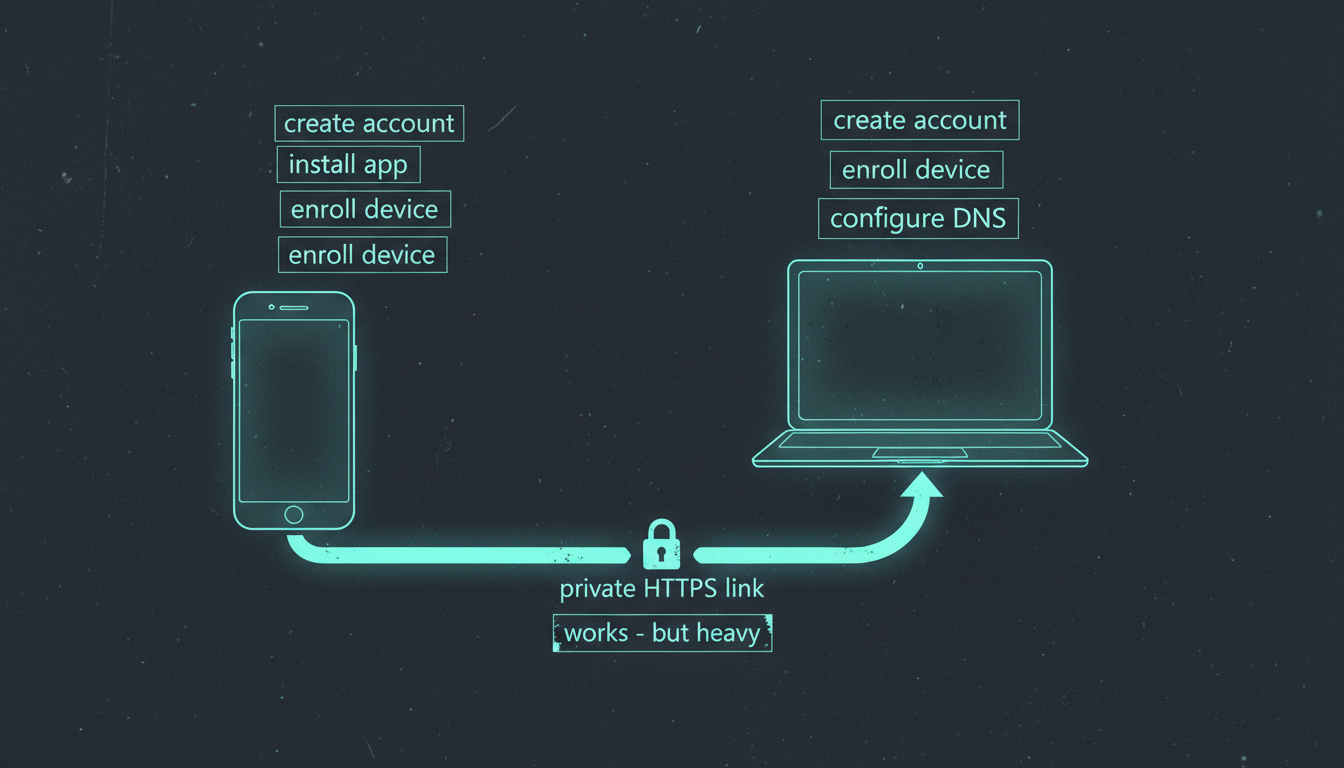 A diagram of the Tailscale setup: phone and laptop each needing an account login, device enrollment and DNS before a private HTTPS link connects them, labelled 'works — but heavy', house aurora-teal style