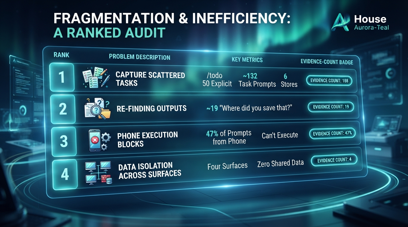 A ranked pain-points table — capture is scattered, finding past outputs, phone-can't-execute, four surfaces no shared data — each row carrying an evidence count, house aurora-teal style