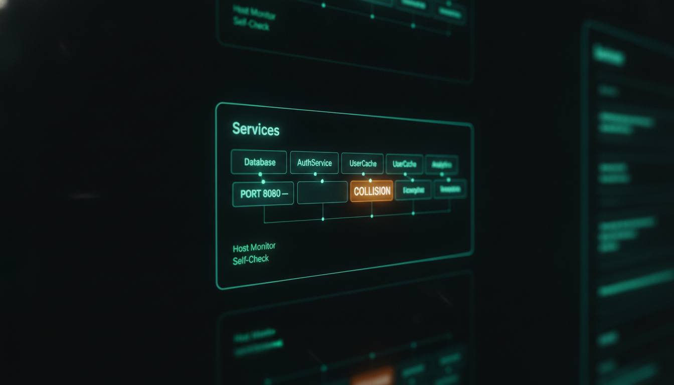 The Services card live on the AI dashboard with an amber collision badge on port 8080, every other service green, the dashboard monitoring its own host, house aurora-teal style