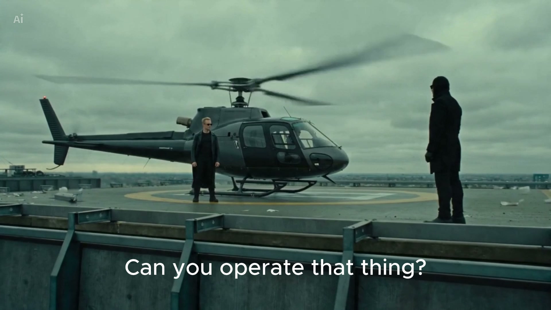 Wide rooftop, helicopter, two figures facing off