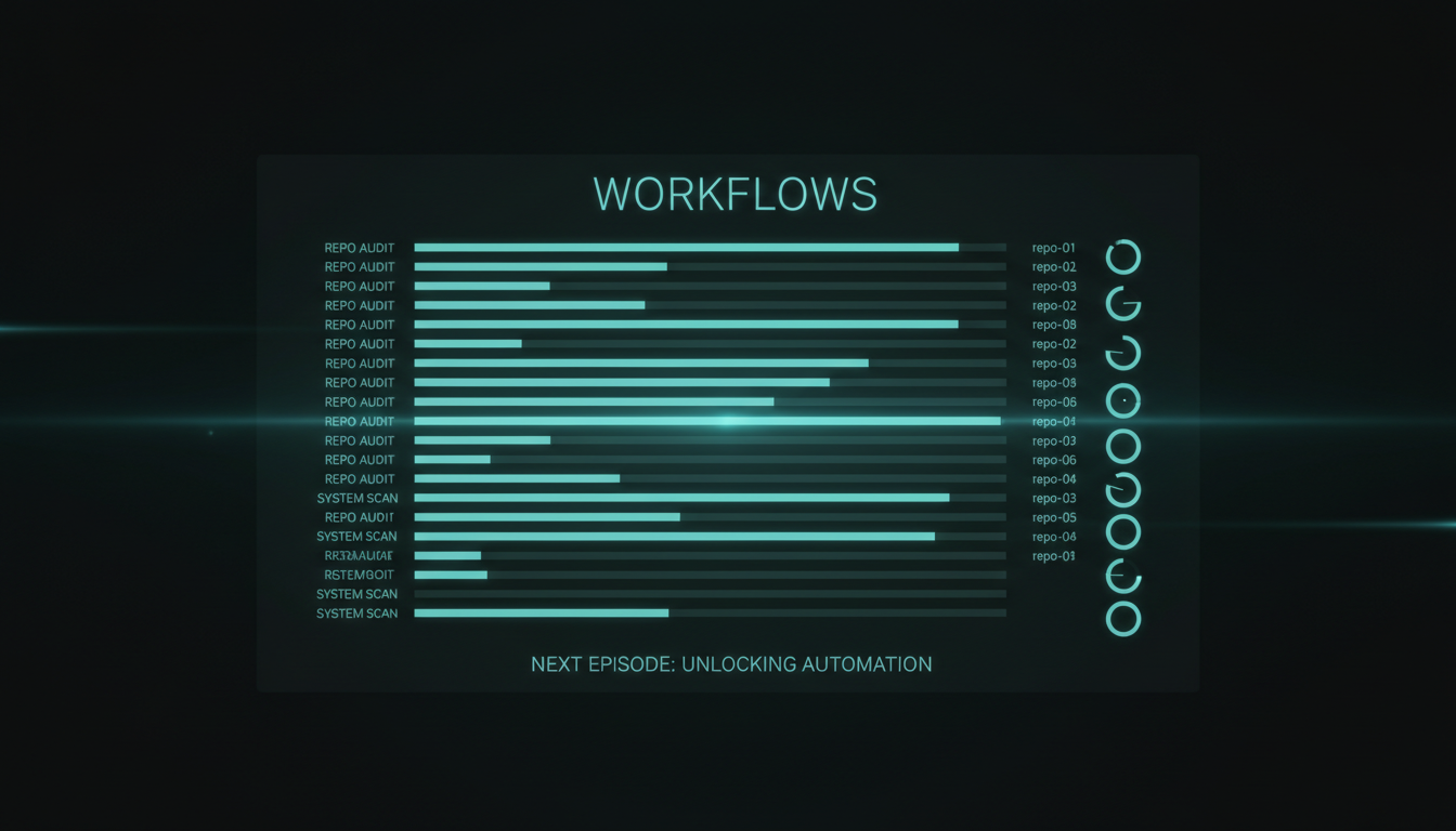 The /workflows view at 01:00 — twenty agents spun up in parallel, each auditing one repo or system