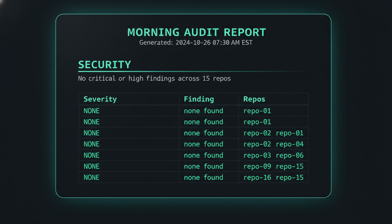 The security section of the report: a severity-sorted table, every row green — no critical or high findings across 15 repos