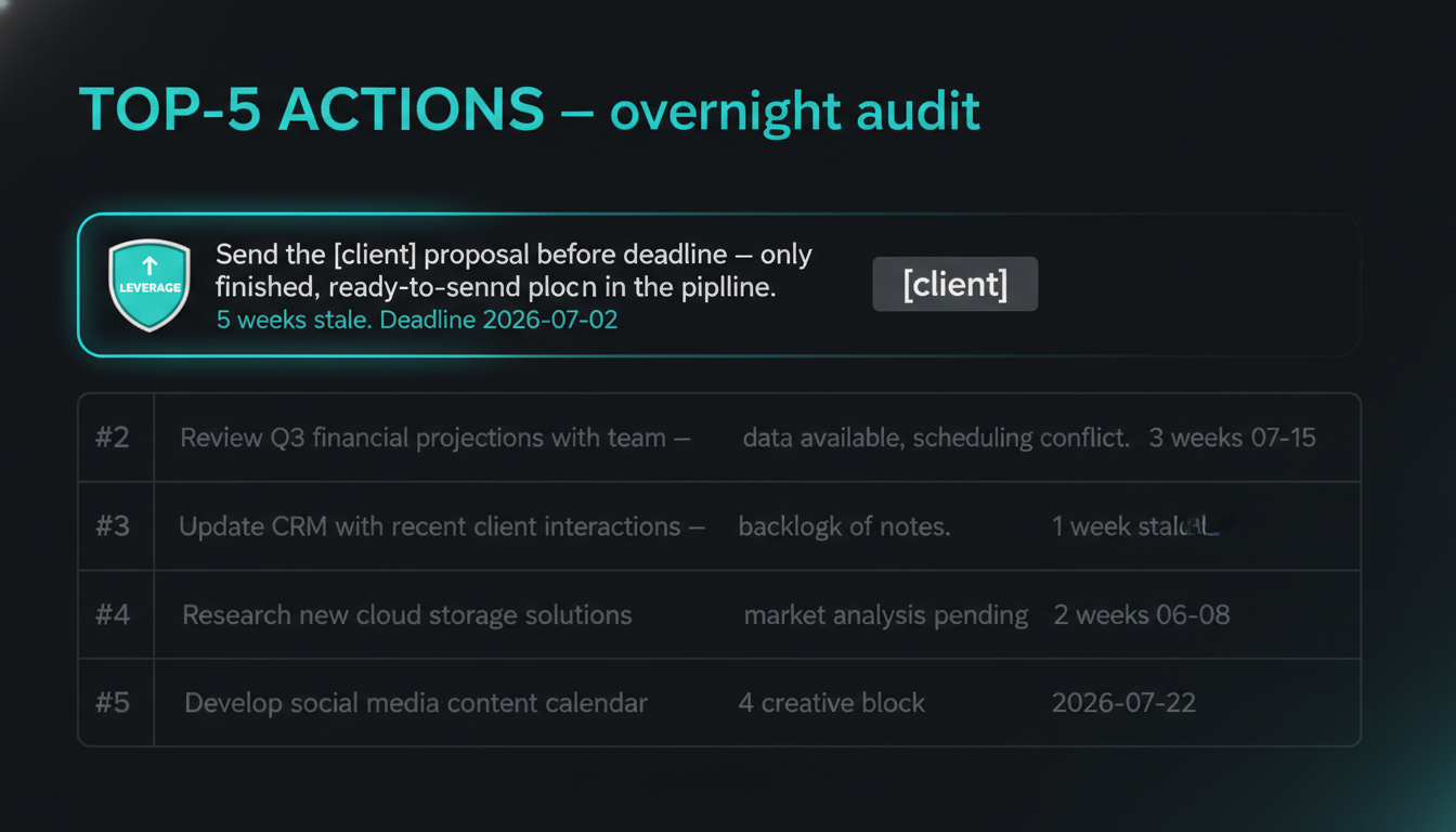 The overnight audit's ranked action list, with the flagged proposal at #1 and the client identity redacted to a grey block.