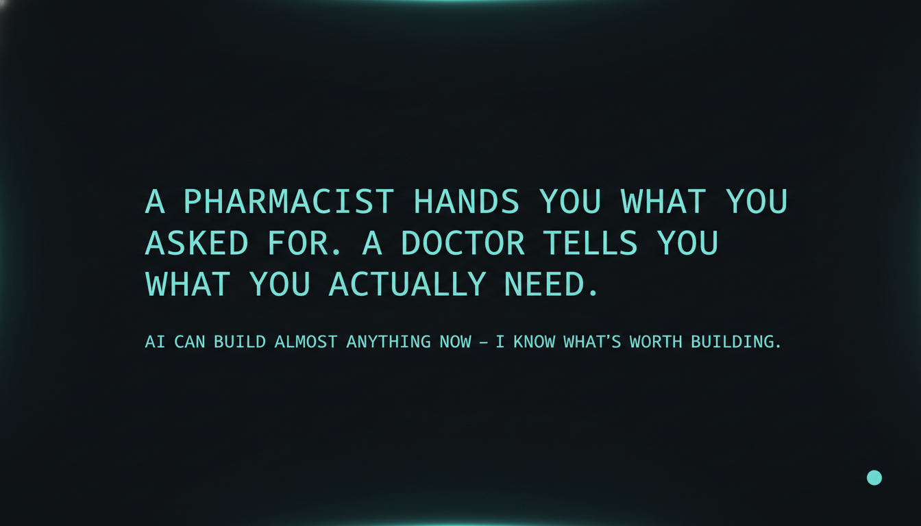 Pull-quote card: the doctor-versus-pharmacist positioning line.