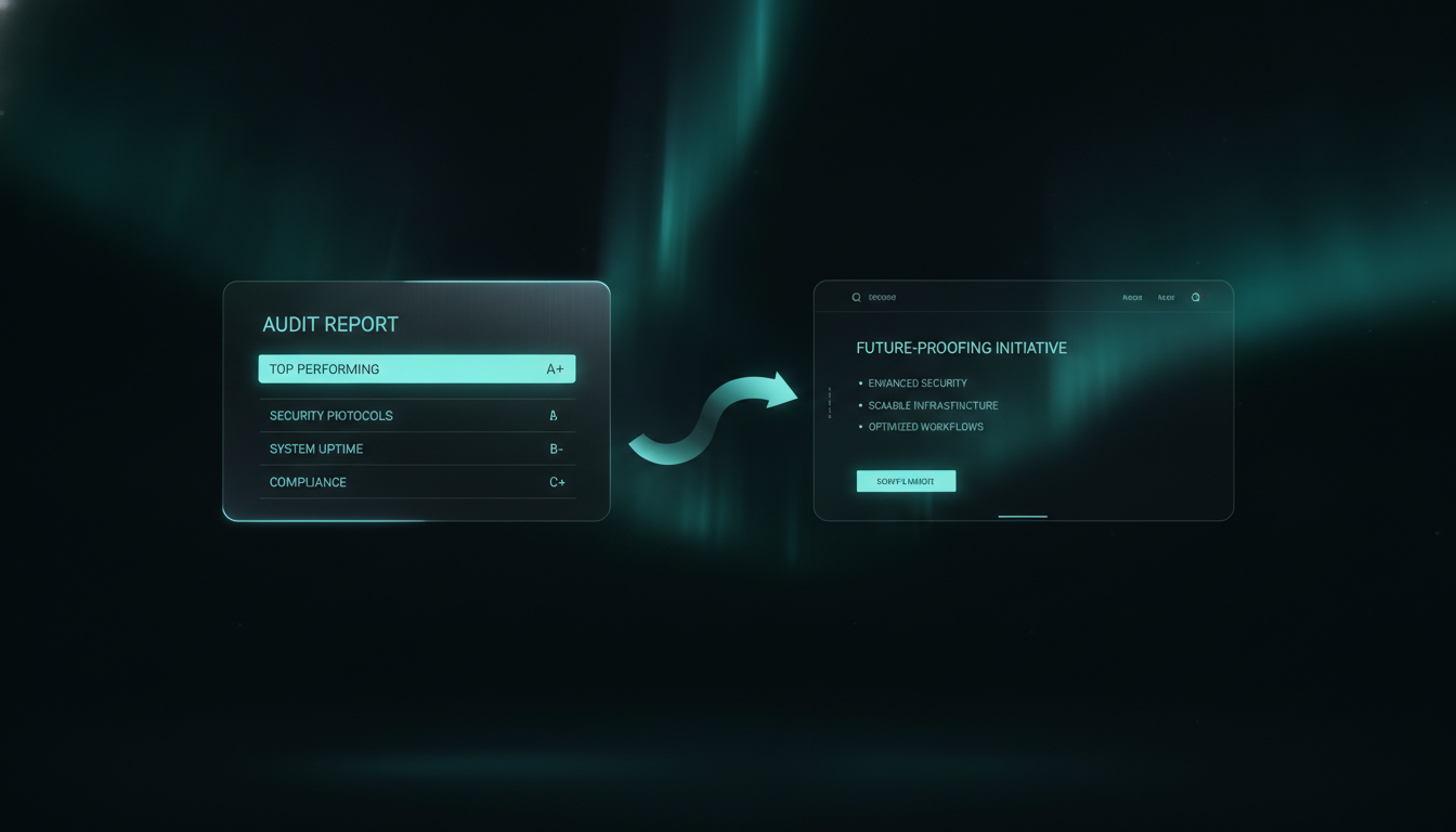 Split scene: last night's overnight audit report on the left, a finished aurora-teal proposal page on the right, an arrow of light connecting them.