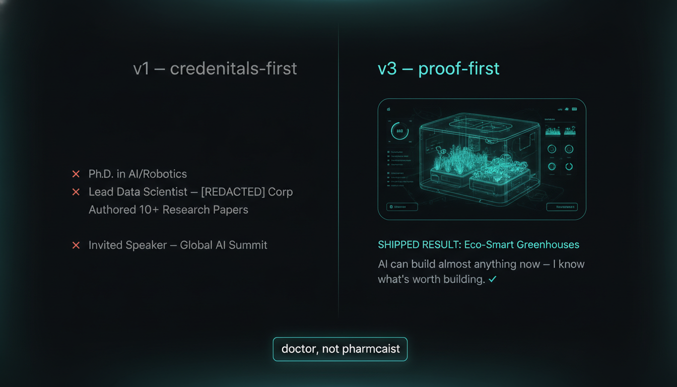 Side-by-side of pitch v1 (credentials-first, crossed out) and v3 (proof-first, checked), with the doctor-not-pharmacist positioning.
