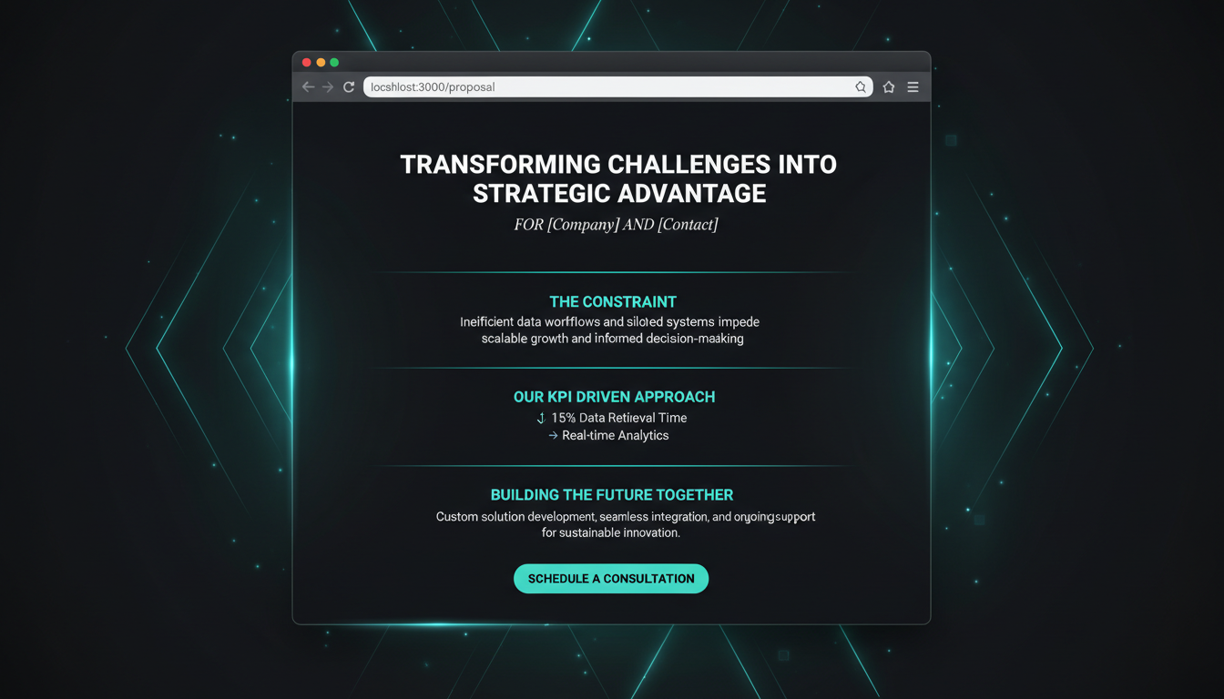 The AI-generated proposal page in aurora-teal style, with client name and company redacted to placeholders.