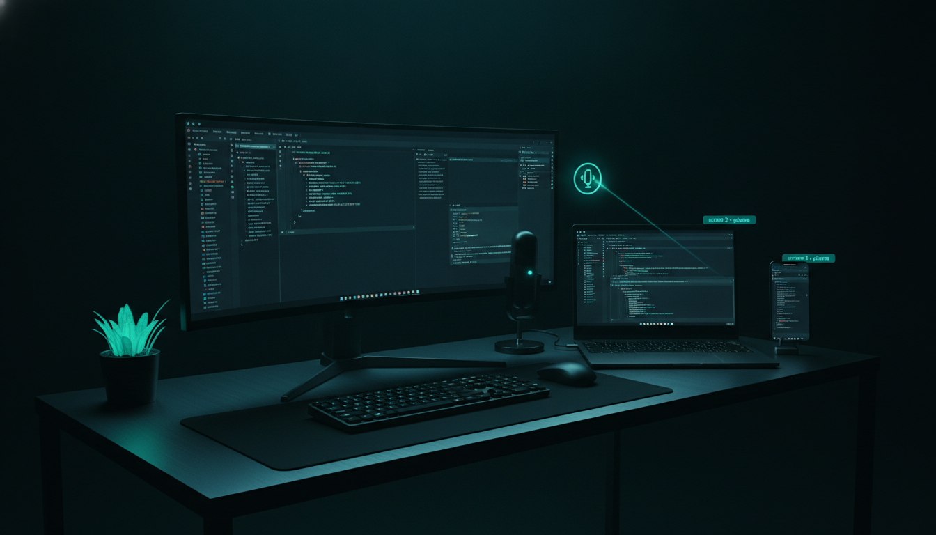 A multi-monitor desk: the main PC plus a phone and a spare laptop turned into extra screens, each running a Claude Code session, with a spoken command routing to screen 2.