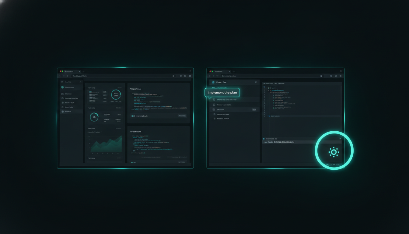 A spoken command landing in the correct VS Code terminal on screen 2, with the session starting to work, other windows dimmed.