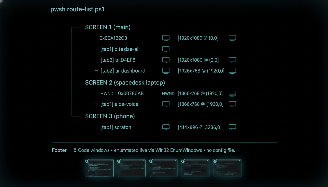 Terminal output of route-list.ps1 showing every VS Code window grouped by monitor, tab index, and window handle, enumerated live via Win32.