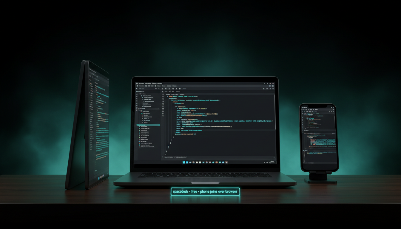 Desk with a main monitor plus a laptop and a phone acting as extra screens via spacedesk, each running a different VS Code window.