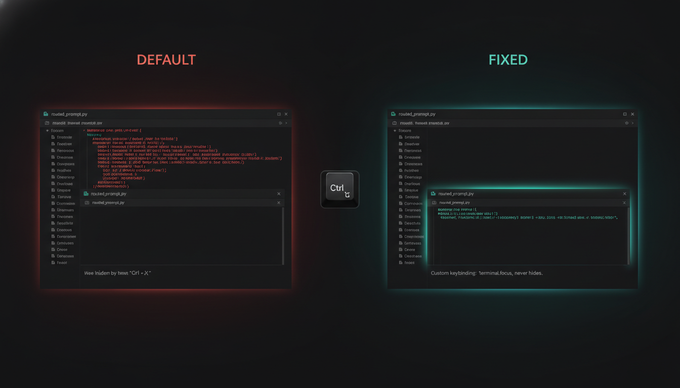 Before/after: with the default keybinding the prompt spills into source code; with a custom focus-only keybinding it lands in the terminal every time.