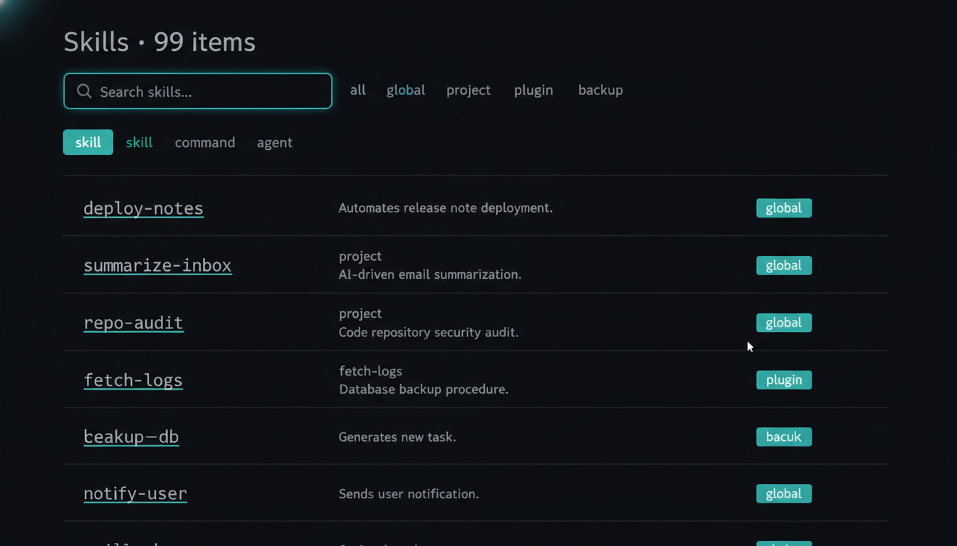 A dashboard Skills tab listing 99 skills, commands and agents with a live search box and type and scope filters.