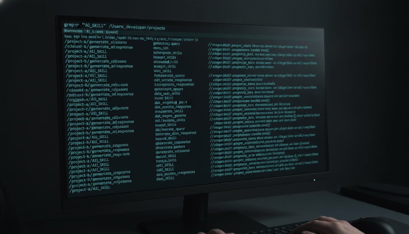 Before: a terminal running grep across twenty project folders to hunt down duplicate skills.