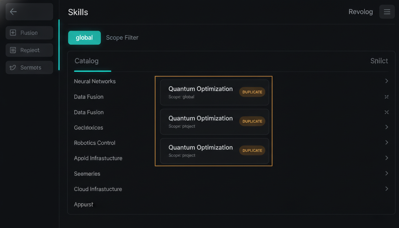 The scope filter set to global, surfacing a duplicate skill that also had a stray project-level copy.