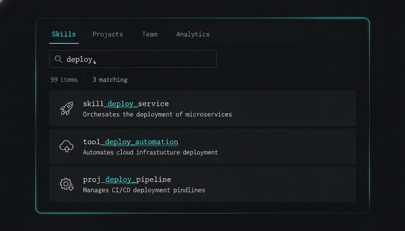 The Skills tab with the live search box filtering the catalog as a name is typed.