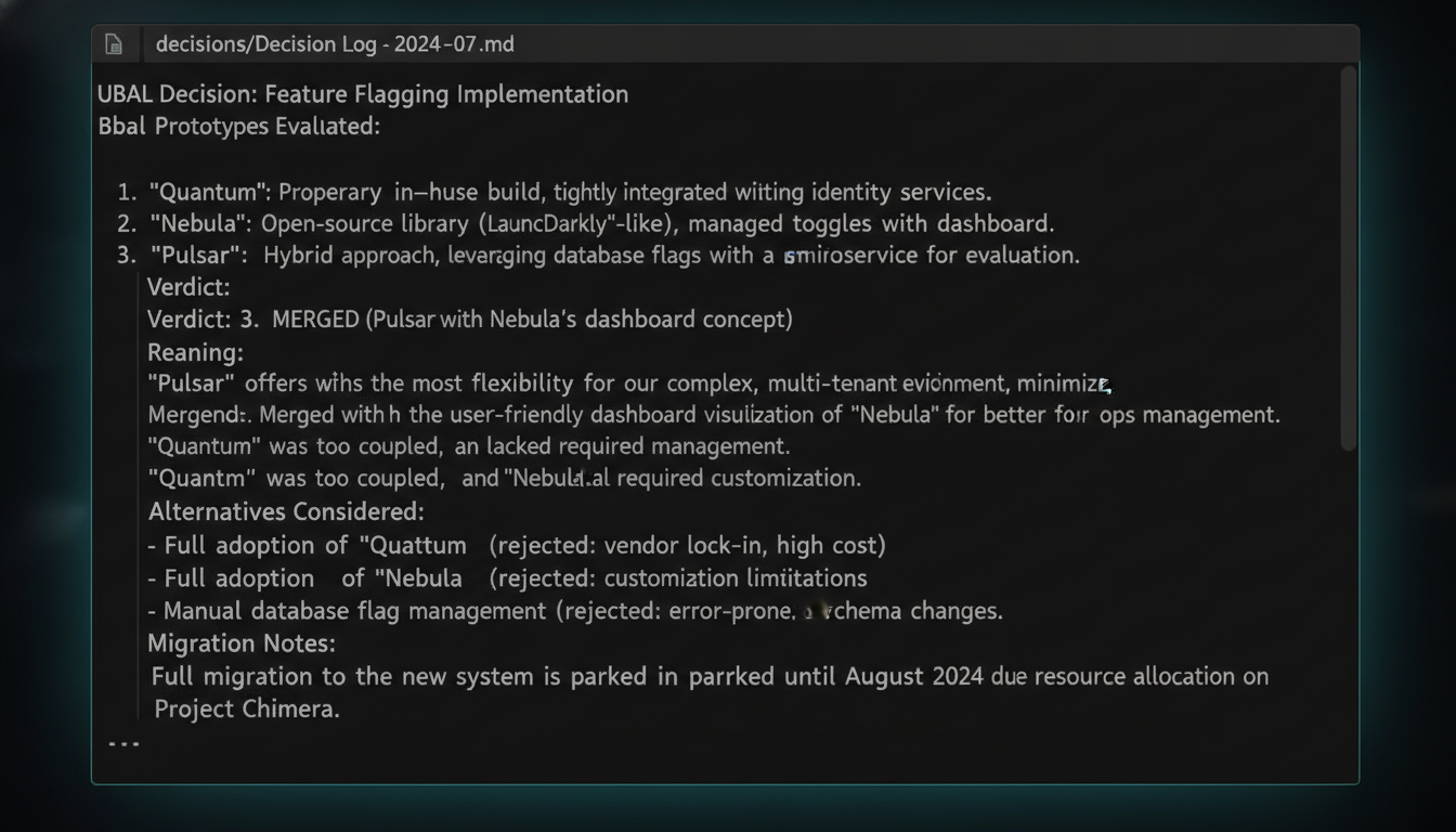A decisions/log.md entry recording the verdict, reasoning, alternatives, and a rollback plan.