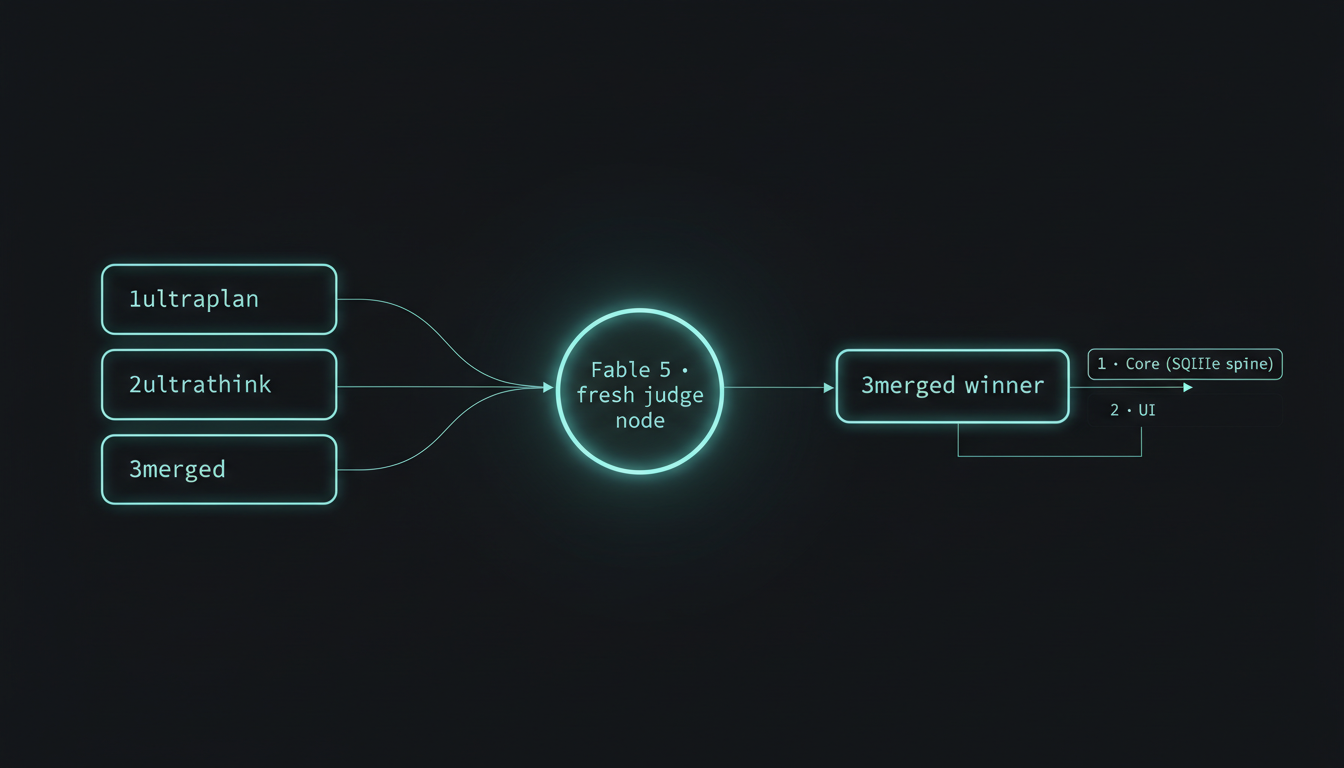Diagram: three prototypes feed a fresh judge model that outputs one winner and a Core-first, UI-second roadmap.