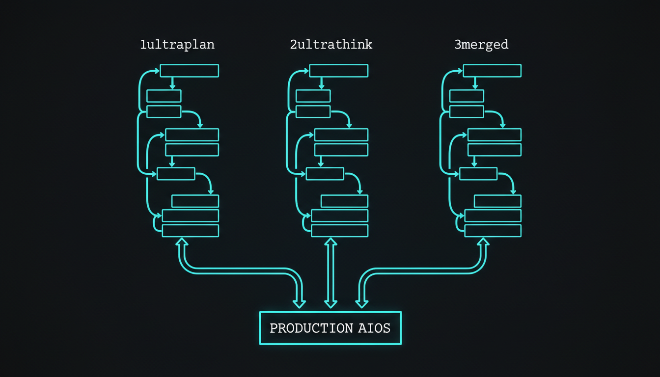 Three parallel repo trees labelled 1ultraplan, 2ultrathink and 3merged, all pointing at one production system.