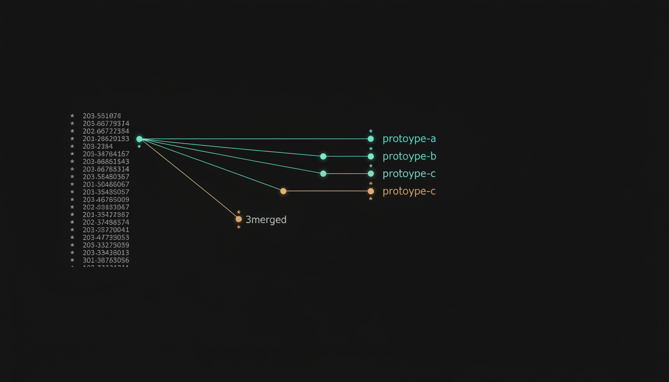 A git graph showing three prototype lines converging into the single surviving 3merged line.