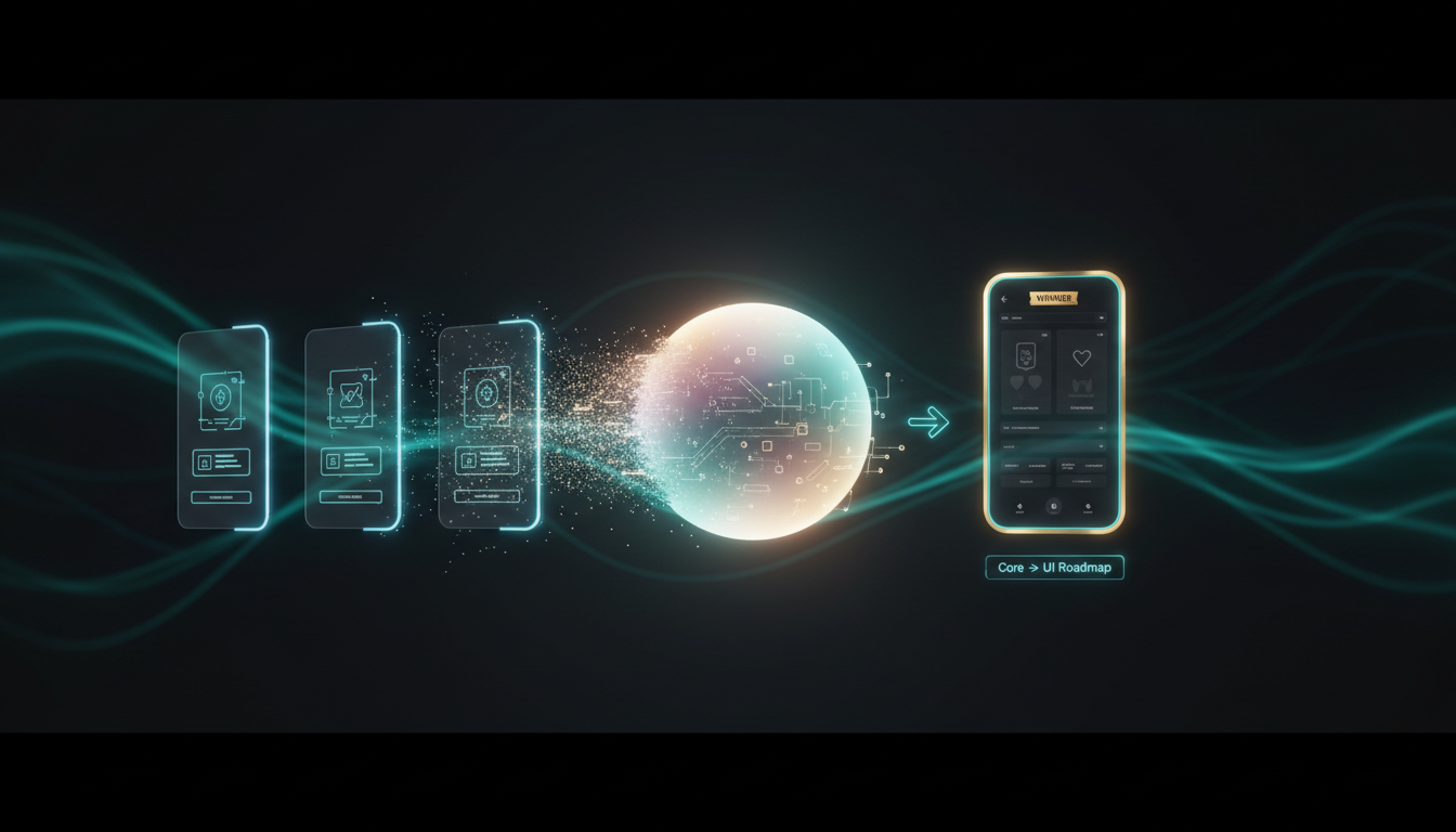 Three prototype app cards feeding into a single judge model, which outputs one winner and a Core-first, UI-second roadmap.