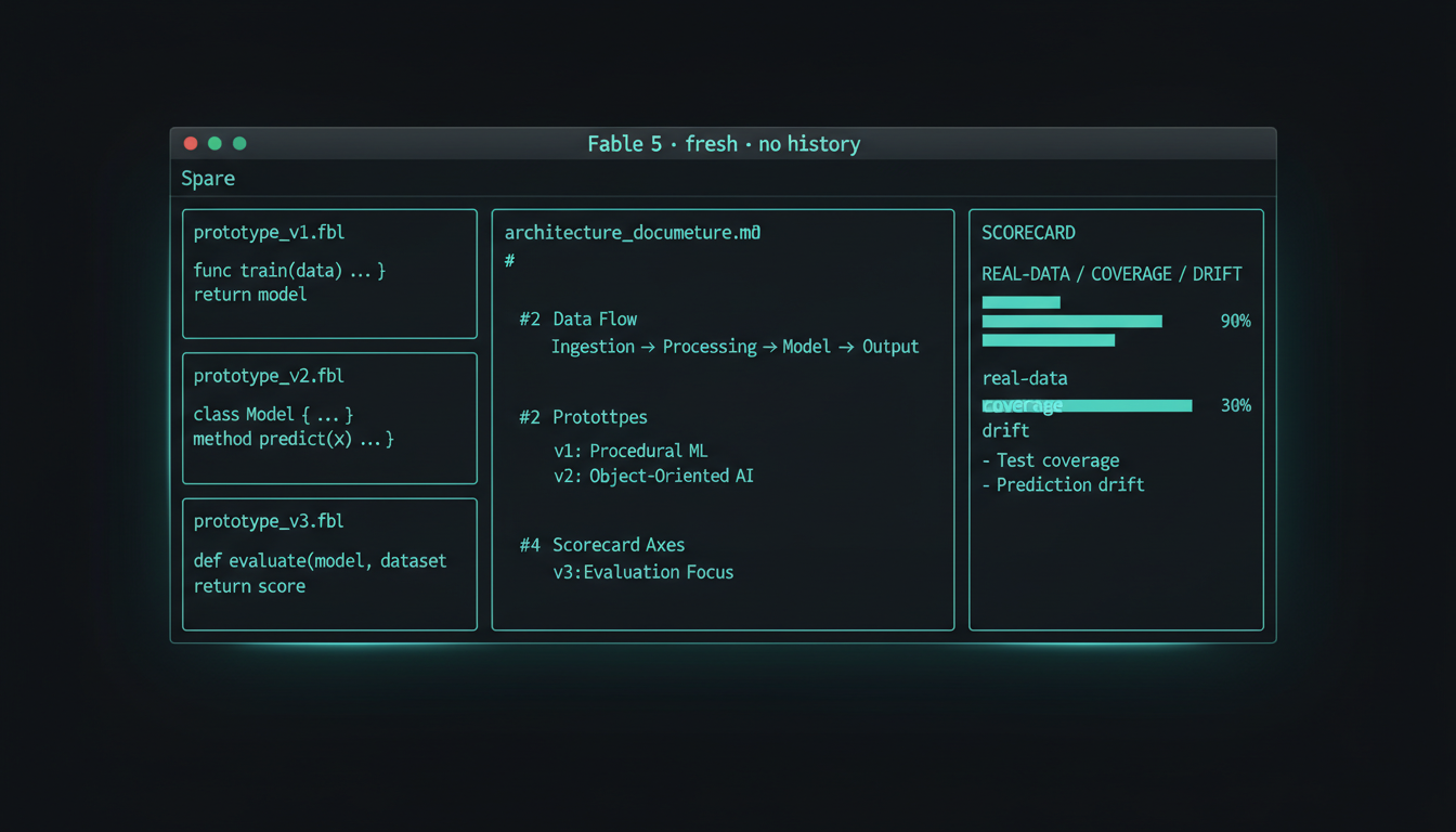 A fresh Claude session (Fable 5) reading three prototype repos plus production and an architecture doc in one pass, building a scorecard.