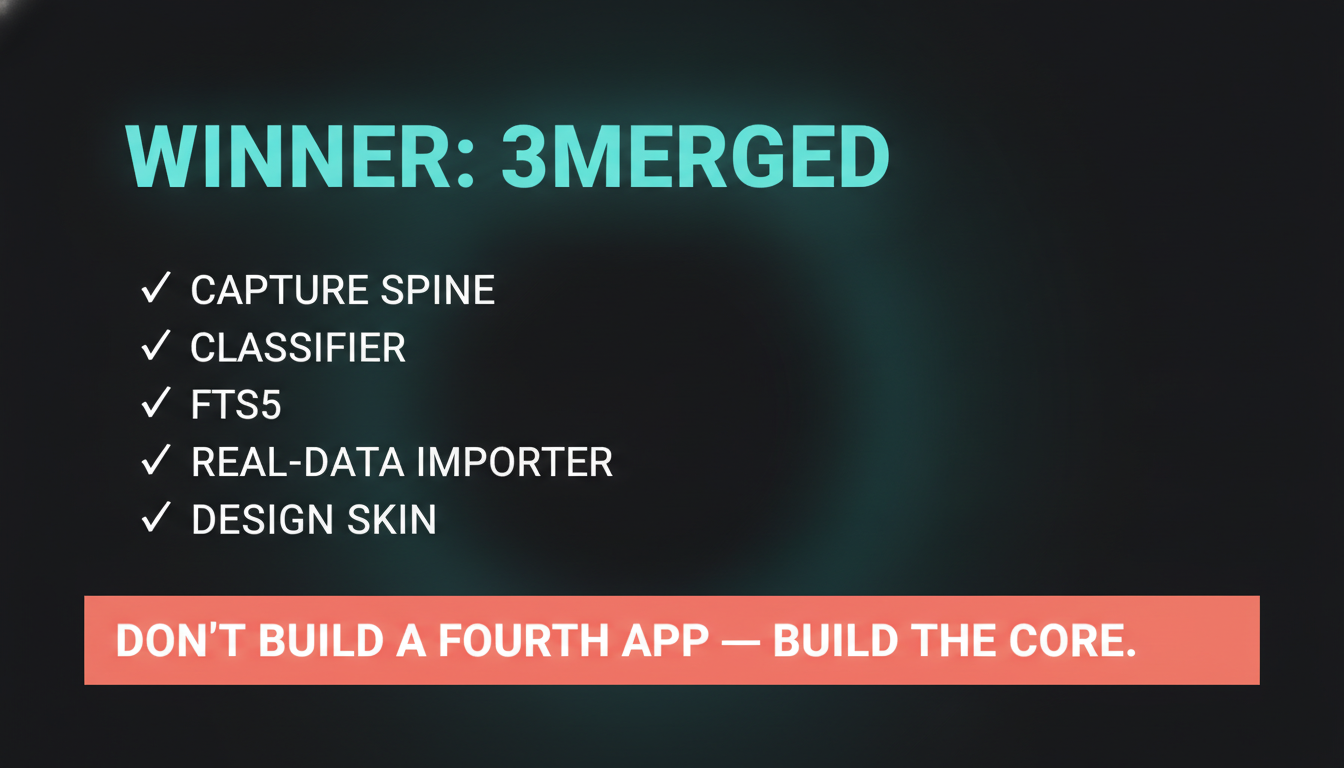 A verdict card marking 3merged the winner, with a note that the real value is the Core (a SQLite spine), not another UI.
