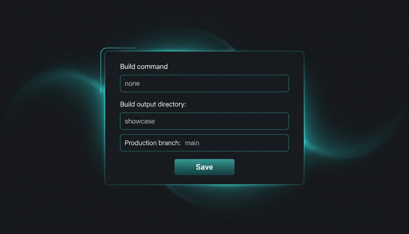 The Cloudflare Pages build configuration panel showing the build command, the output directory set to the showcase folder, and the production branch set to main.