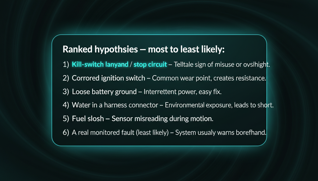 A ranked list of six causes for the silent stall, kill-switch/stop-circuit at number one down to a real monitored fault at number six, each with a one-line rationale.