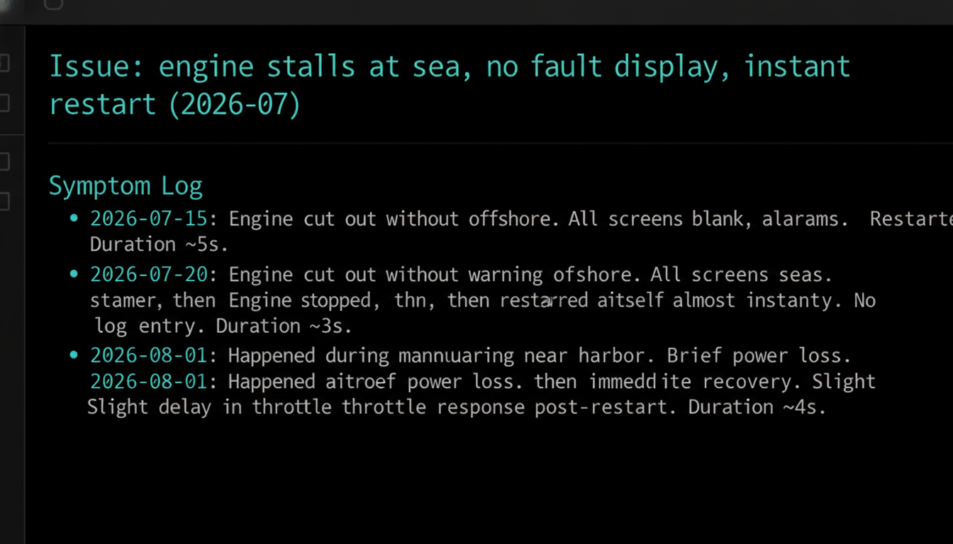 A markdown note logging the stalling symptom: died twice at sea, no fault code, instant restart.