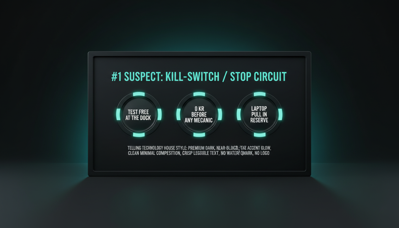 A verdict board: number-one suspect the kill-switch / stop circuit, a free dockside wiggle-test to run first, and the laptop pull held in reserve — all before any mechanic.