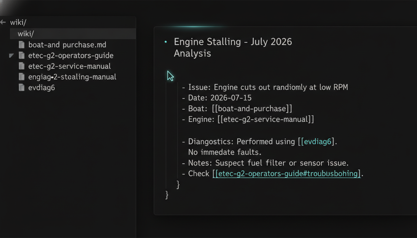 A file tree of the boat knowledge base in an editor: boat-and-purchase.md, etec-g2-service-manual.md, evdiag6.md, engine-stalling-2026-07.md, each with cross-links.