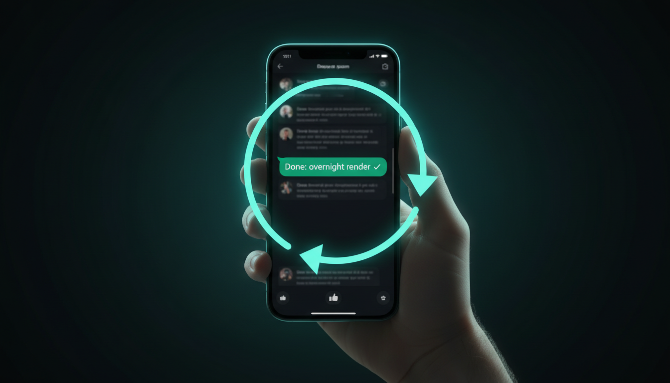 A phone showing a Telegram chat with an AI bot: one message reads 'Done: overnight render' with a green tick, framed by a looping arrow that runs from the bot to a thumbs-up reaction and back.
