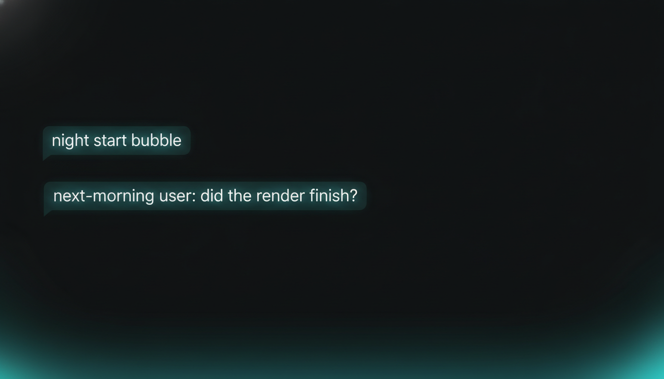 A Telegram timeline showing a job start message at night and no completion message by morning.