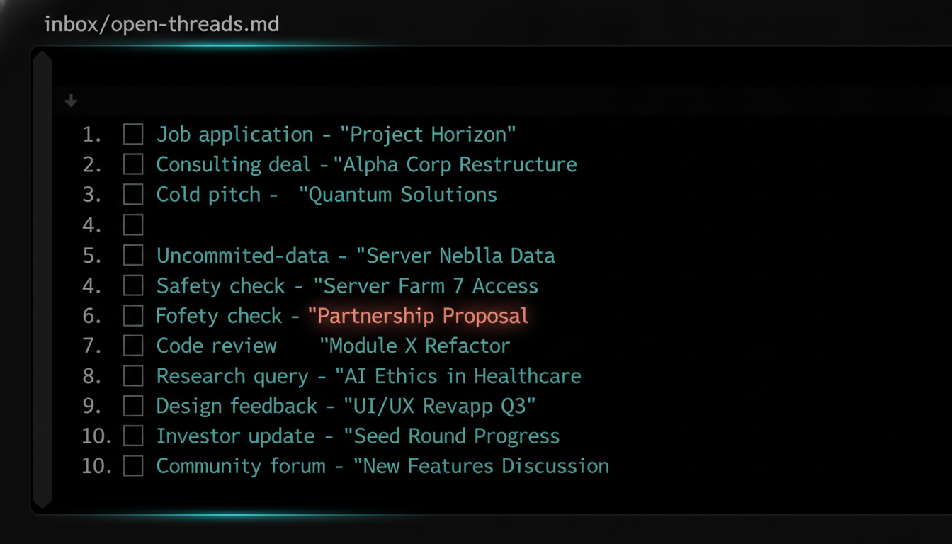 A markdown checklist file listing 11 open threads as unchecked boxes, each abstracted to a generic type like 'job application' or 'consulting deal' rather than a real name.