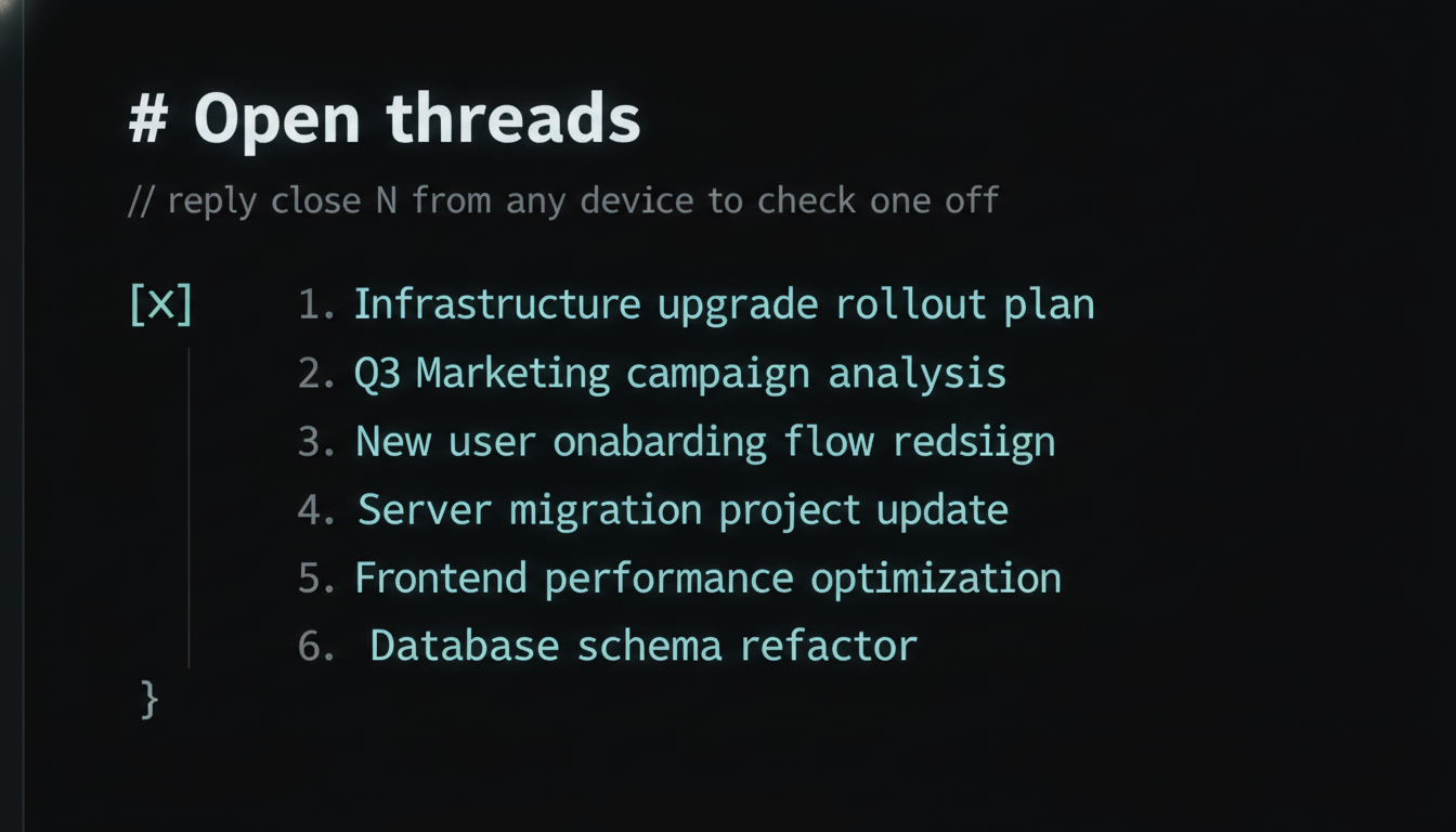 A snippet of the open-threads.md file structure: a numbered markdown checklist with one line already closed.