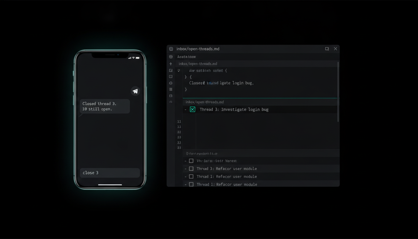 A phone showing a Telegram chat: the message 'close 3' sent, and the bot replying that thread 3 is now checked off — beside a markdown checklist file on a desktop where one line has just flipped from an empty box to a ticked one.